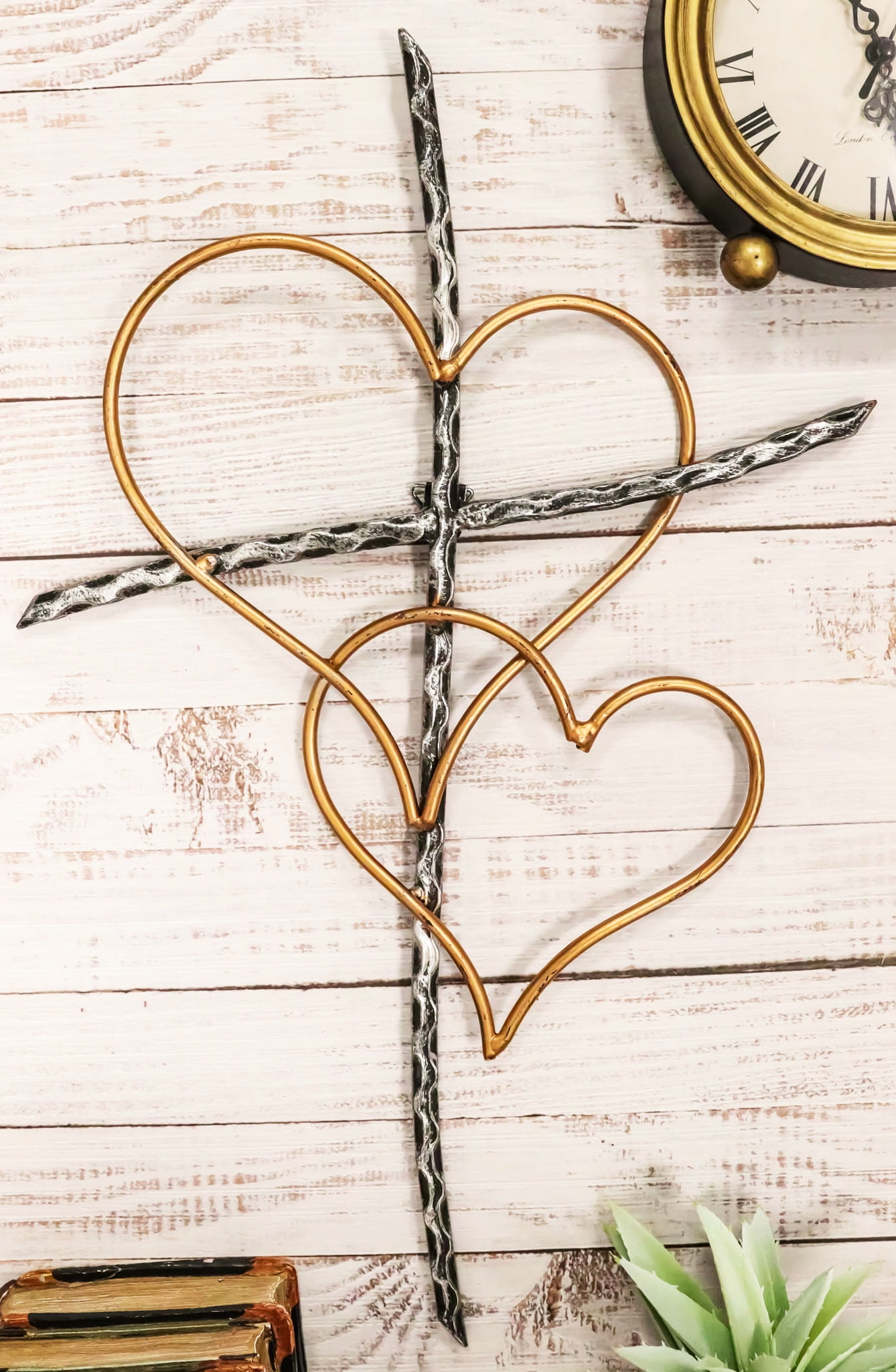 Ebros Metal Silver Rope Wire Sticks & 2 Golden Hearts of Love Wall Hanging Cross