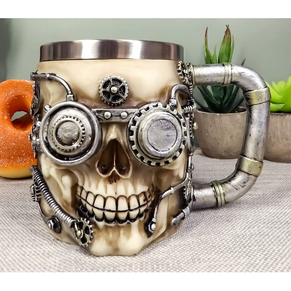 Ebros Metallo Super Cyborg Steampunk Pipes And Gears Skull Face Coffee Tea Mug Stein