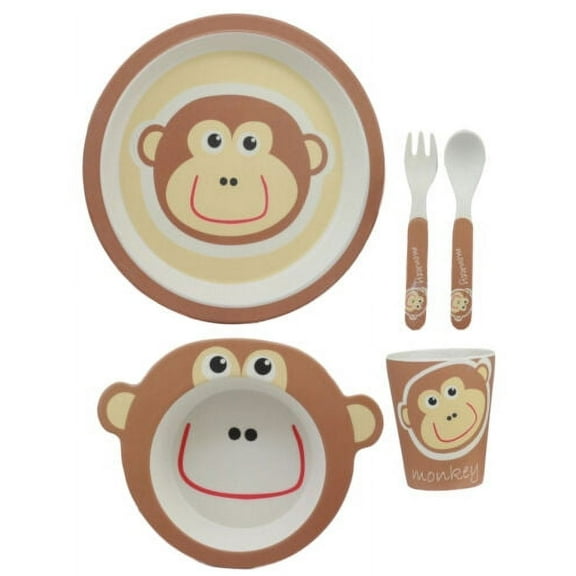 Ebros Monkey 5 Pc Organic Bamboo Dinnerware Set For Kids Children Toddler Baby