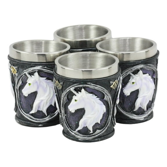 Ebros Myths Legends And Fantasy Spirit Themed 2-Ounce Shot Glasses Set Of 4 Resin Housing With Stainless Steel Liners Great Souvenir And Party Hosting Idea (Sacred Unicorn)