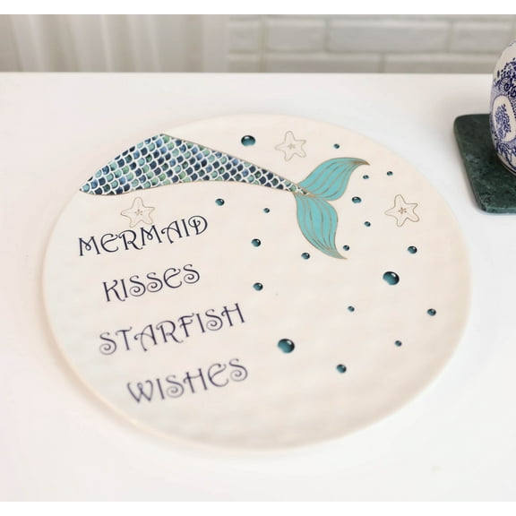 Ebros Nautical Blue Mermaid Kisses Starfish Wishes Ceramic Dinner Plates 2 Pack