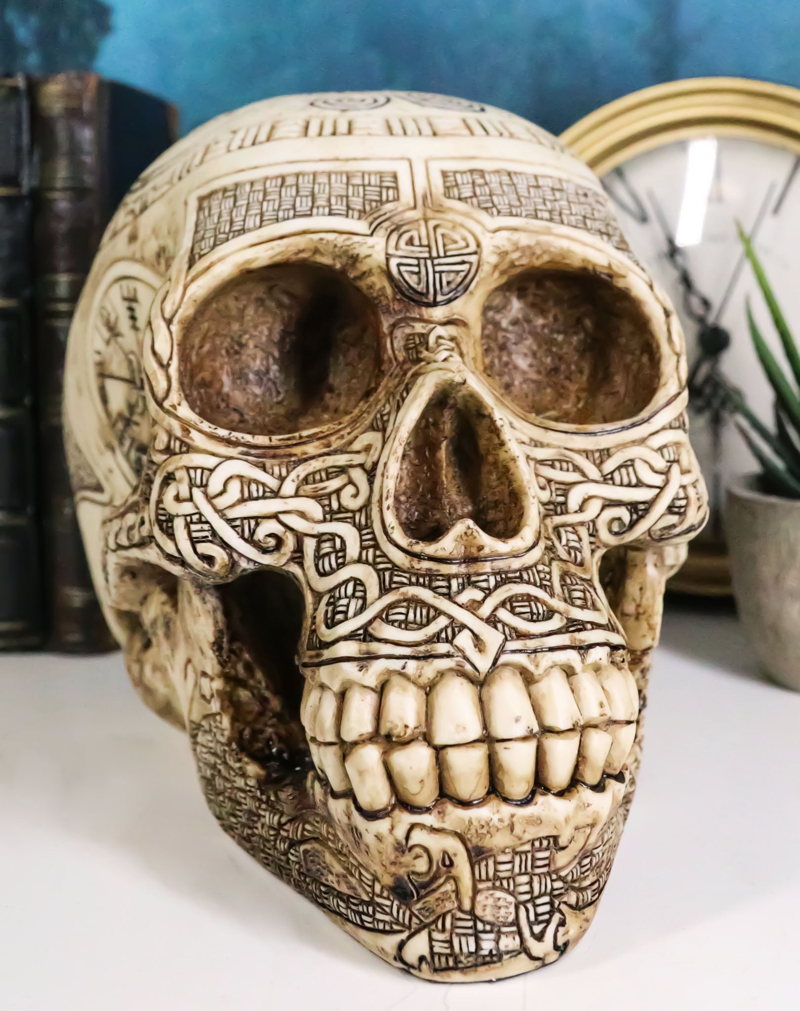 Viking Skull Figurine with Norse Symbols in Resin