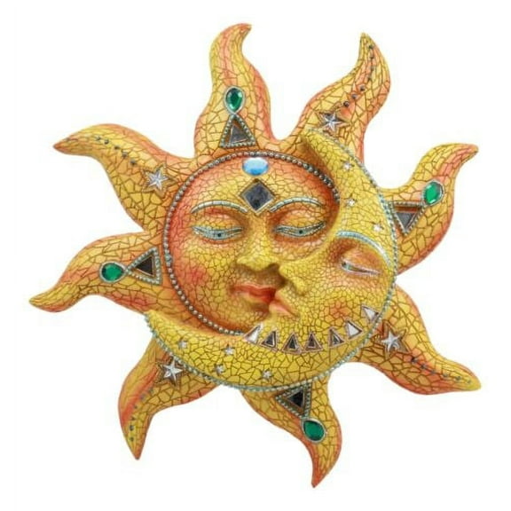 Ebros Orange Mosaic Face Sun with Yellow Mosaic Moon, 13"H Wall Plaque Decor