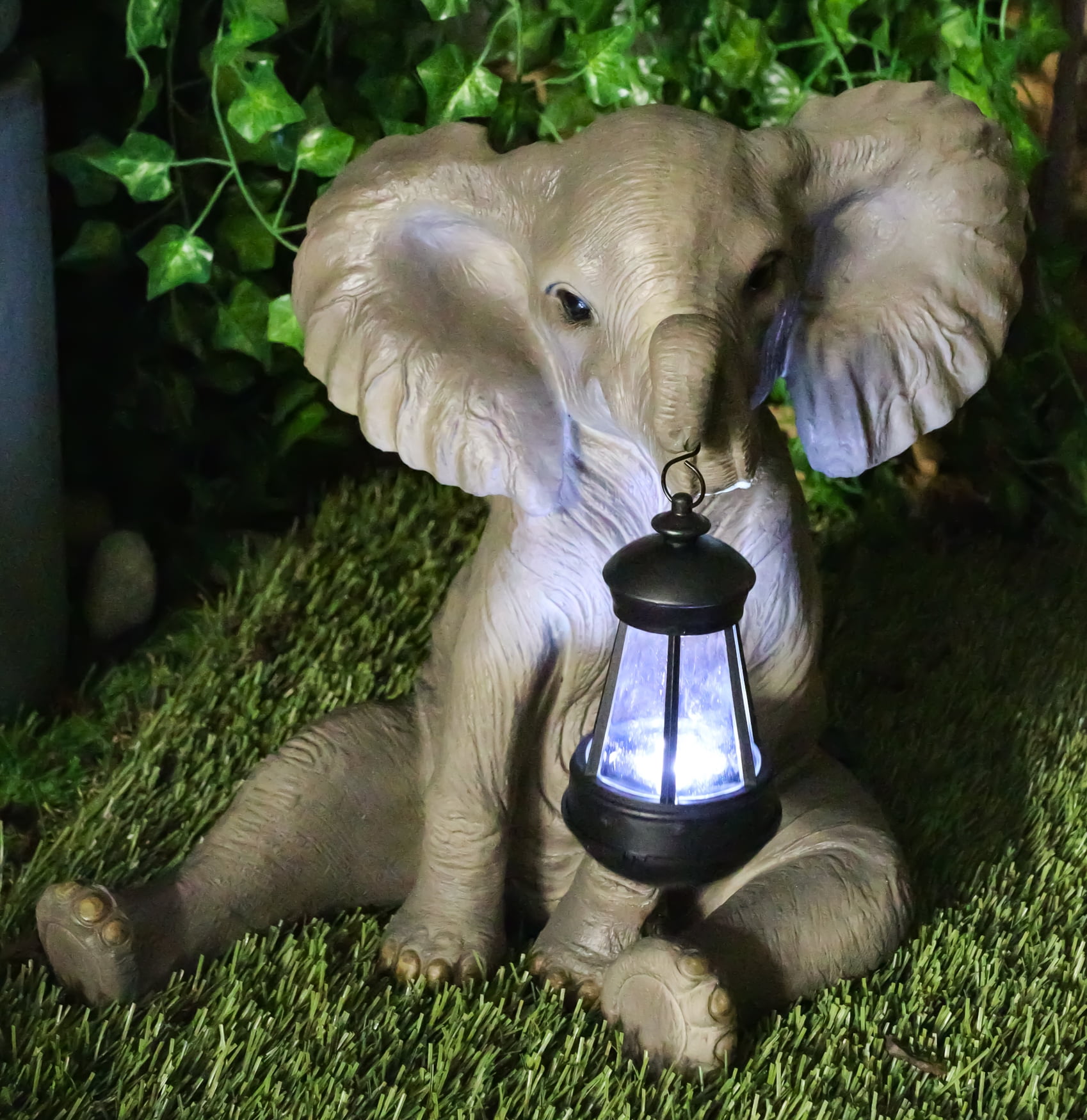 Hand-Painted Gray Resin Elephant Garden Statue with Lantern