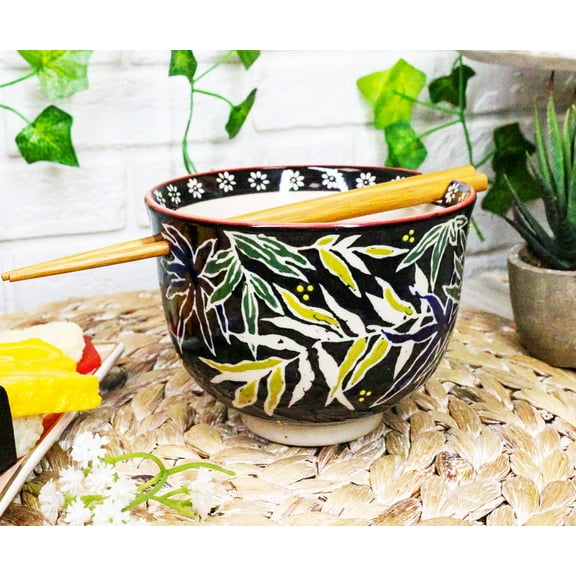 Ebros Pack Of 2 Night Willow Floral Bamboo Ramen Noodles Soup Bowl Chopsticks