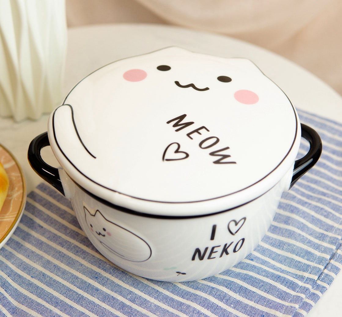 Ebros Pack Of 2 White Maneki Neko Lucky Cat Porcelain Kids Food Bowls W/Lid 25Oz