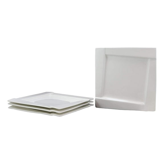 Ebros Pack Of 4 Kitchen Dining Modern Contemporary Design White Porcelain Square Plates With Rhombus Well Restaurant Supply Dishwasher And Microwave Safe (10" Dinner Plate Style)