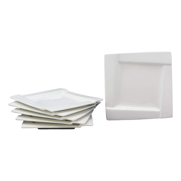 Ebros Pack Of 6 Kitchen Dining Modern Contemporary Design White Porcelain Square Plates With Rhombus Well Restaurant Supply (5.5" Appetizer Salad Dessert Side Plate Style)