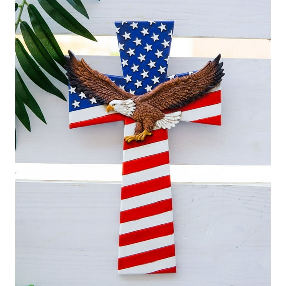 Ebros Patriotic USA American Flag With Soaring Bald Eagle Wall Cross Plaque
