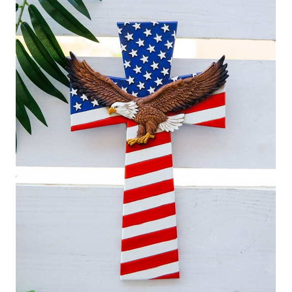 Ebros Patriotic USA American Flag With Soaring Bald Eagle Wall Cross Plaque