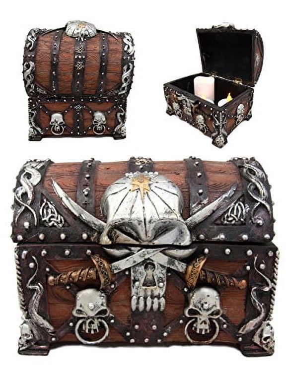 Ebros Pirate Skull With Crossed Dagger Blades Treasure Chest Box Jewelry Box 5"L