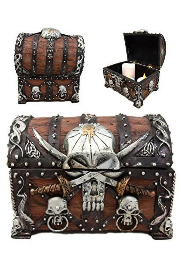 Ebros Pirate Skull With Crossed Dagger Blades Treasure Chest Box Jewelry Box 5"L