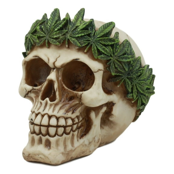 Ebros Pot Head Skull Statue 6"Long Gothic Skull With Weed Leaf Laurel Resin Figurine Halloween Party Centerpiece