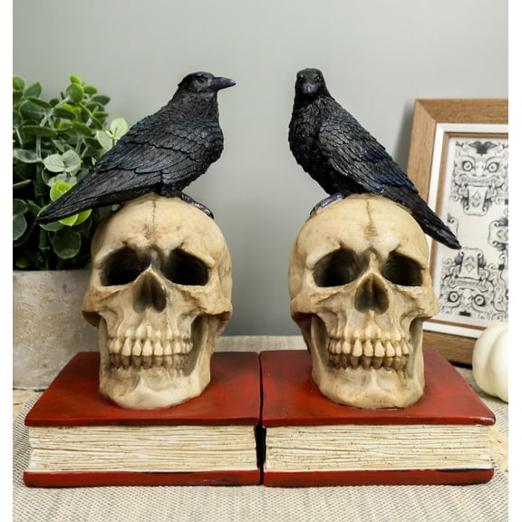 Ebros Raven Crow Perching On Skull with Ancient Book Bookends Set 7.5" Tall