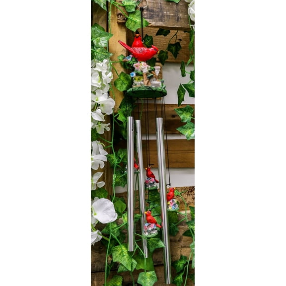 Ebros Red Crest Cardinal Birds Lovers Couple Wind Chime Patio Garden Decor 21" L