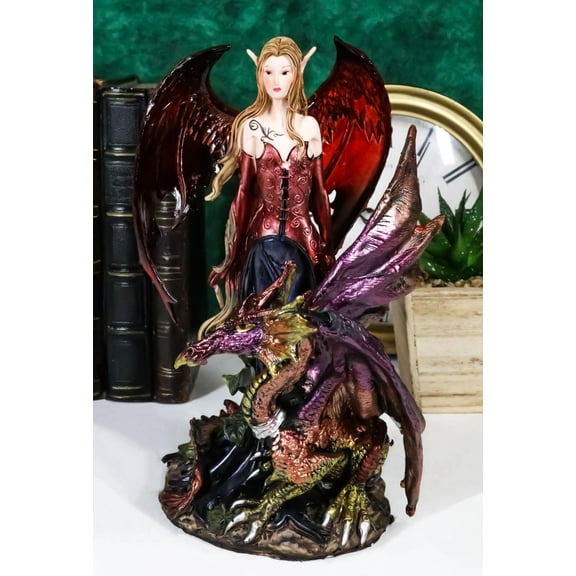 Ebros Red Fairy Dragon Figurine 8"H Pixie Fire Fairy W/ Chained Dragon Figurine