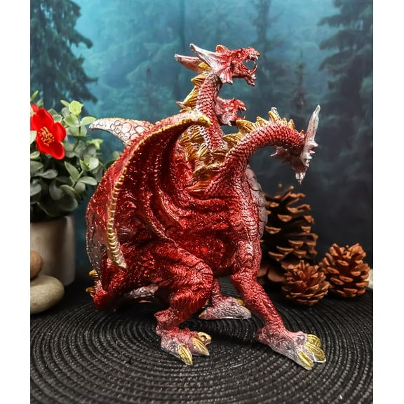 Ebros Red Fire Three Headed Dragon Hydra Roaring Statue 8" Tall Figurine Decor