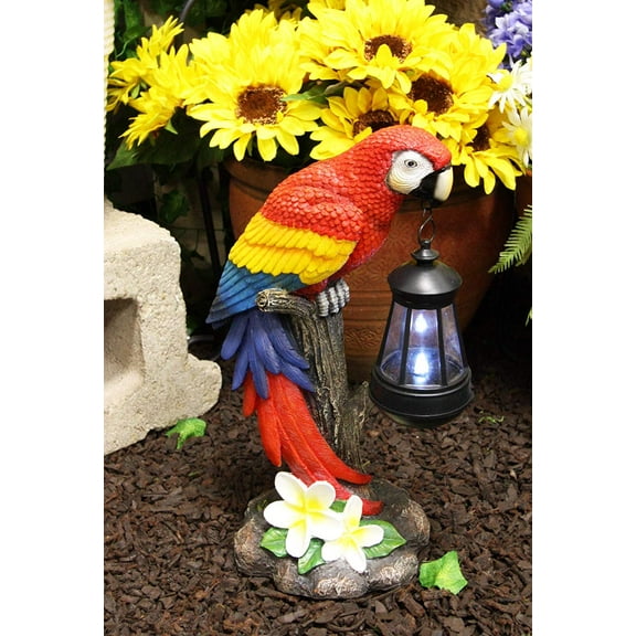 Ebros Red Scarlet Macaw Parrot Perching On Tree Stump Statue with Solar Lantern