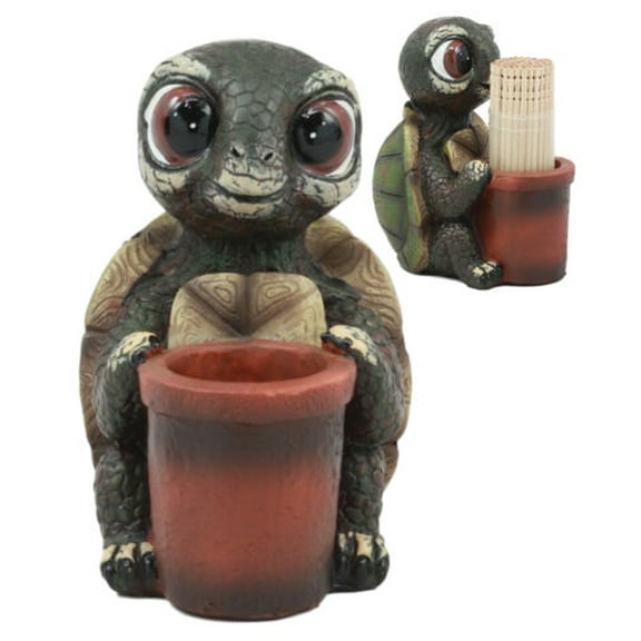 Ebros River Baby Tortoise Holding A Bucket Toothpick Holder Figurine With Toothpicks