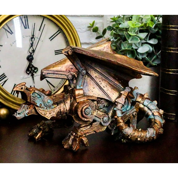 Ebros Roaring Steampunk Copper Skinned Robotic Cyborg Winged Dragon Figurine