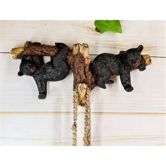 Ebros Rustic 2 Playful Black Bears Dangling On Tree Branches 3 Wall Hooks 9.25"W