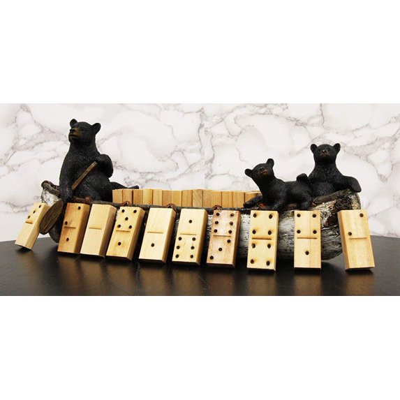 Ebros Rustic 3 Black Bears Family Rowing Canoe Domino Display Set W/ 28 Dominoes
