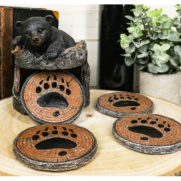 Ebros Rustic Black Bear Cub Tree Trunk Stump Coaster Holder With 4 Coasters Set