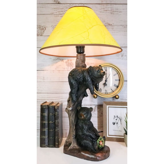 Ebros Rustic Black Bears Napping & Eating Honey Table Lamp Sculpture With Shade