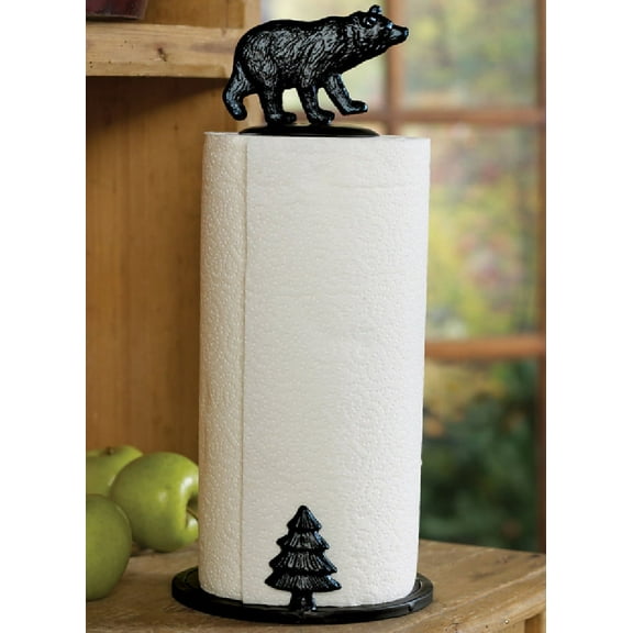 Ebros Rustic Forest Black Bear W/ Pine Tree Cast Iron Paper Towel Holder