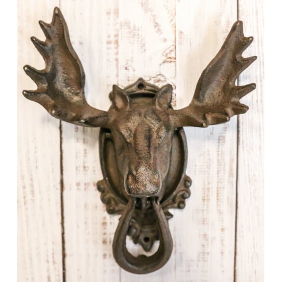 Ebros Rustic Western Forest Horned Bull Moose Head Cast Iron Door Knocker 10"H