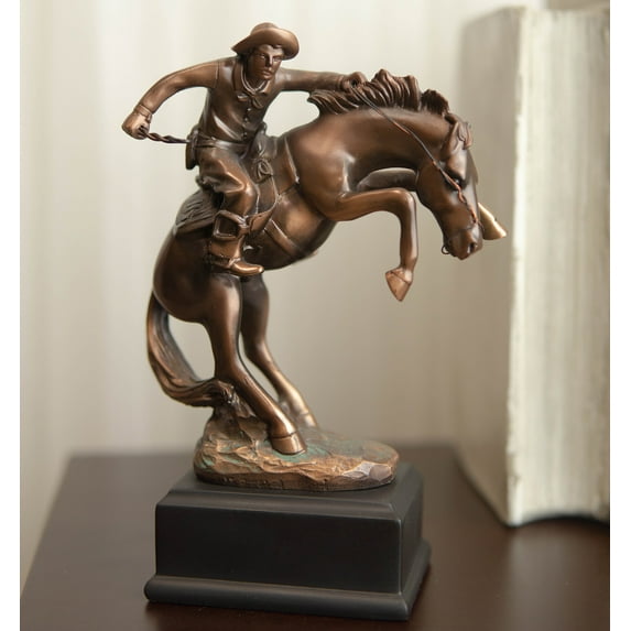 Ebros Rustic Western Rodeo Cowboy W/ Rearing Horse Bronze Electroplated Figurine