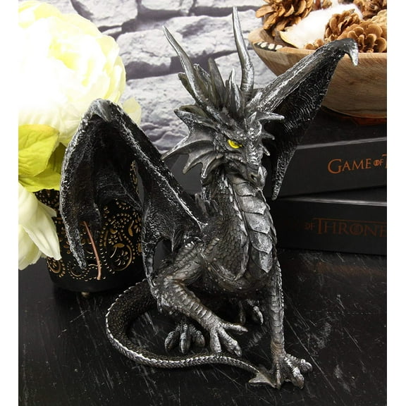 Ebros Ruth Thompson Metallic Grey Checkmate Dragon with Horns Statue 9" Tall