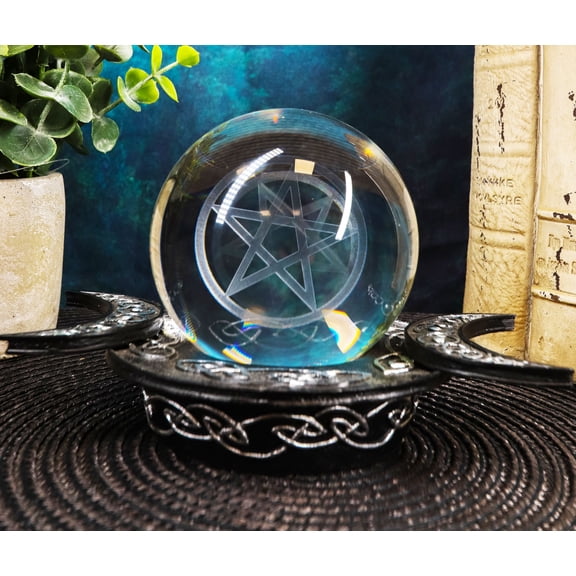 Ebros Sacred Moon Triple Goddess Glass Gazing Ball Orb With Pentagram Symbol 6"W