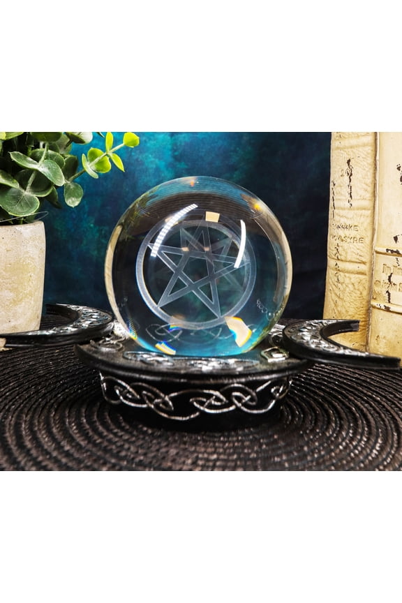 Ebros Sacred Moon Triple Goddess Glass Gazing Ball Orb With Pentagram Symbol 6"W