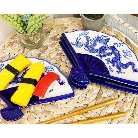 Ebros Set Of 4 Blue And White Dragon King Oriental Fan Shaped Sushi Plates