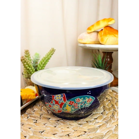 Ebros Set of 2 Ceramic Colorful Oriental Fans Portion Meal Bowls 3 Cups W/ Lid