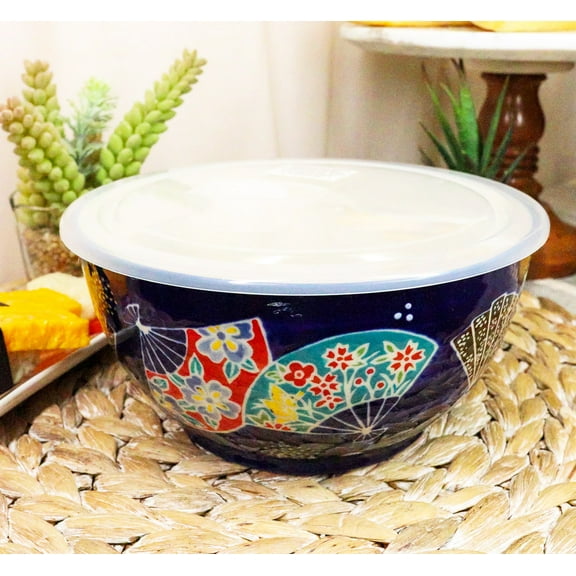 Ebros Set of 2 Ceramic Colorful Oriental Fans Portion Meal Bowls 5 Cups W/ Lid