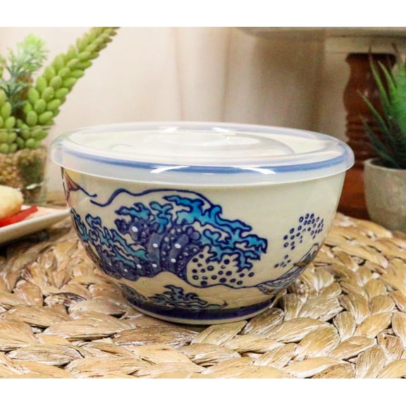 Ebros Set of 2 Ceramic Hokusai Great Wave Portion Meal Bowls 2 Cups W/ Lid