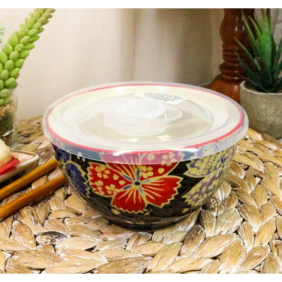 Ebros Set of 2 Ceramic Midnight Floral Blooms Portion Meal Bowls 2 Cups W/ Lid