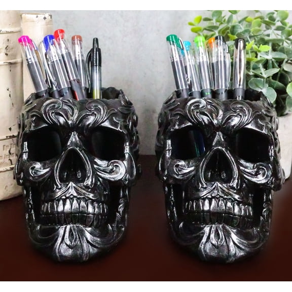 Ebros Set of 2 Tribal Tattoo Floral Skulls Stationery Pen Holder Desktop