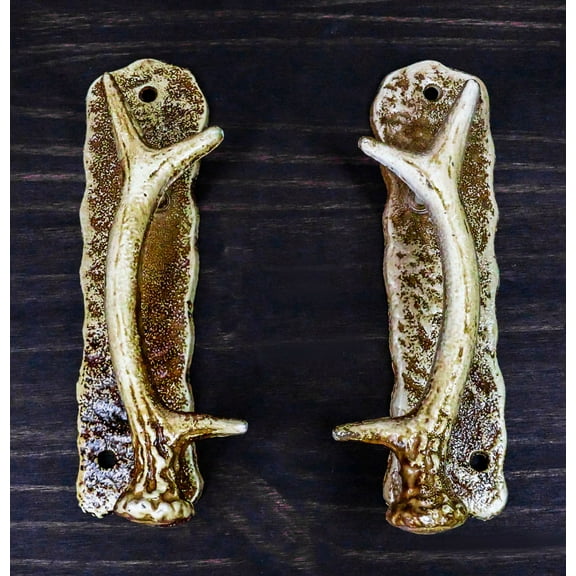Ebros Set of 2 Western Rustic Speckled Deer Antlers Door Pull Handlebar Hardware