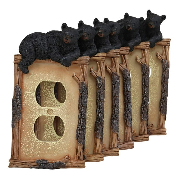 Ebros Set of 6 Rustic Black Bear By Twigs Double Outlet Wall Light Cover Plate