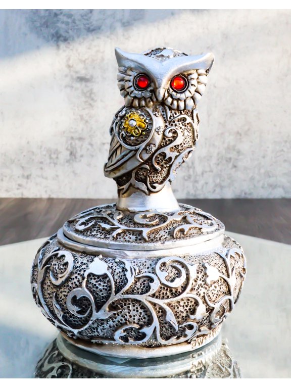 Ebros Silver And Bronze Steampunk Owl With Red Gemstone Eyes Jewelry Trinket Box