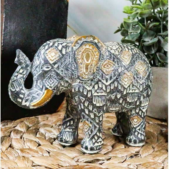 Ebros Silver Gold Patterned Elephant 5.25"L Feng Shui Elephant Calf Figurine