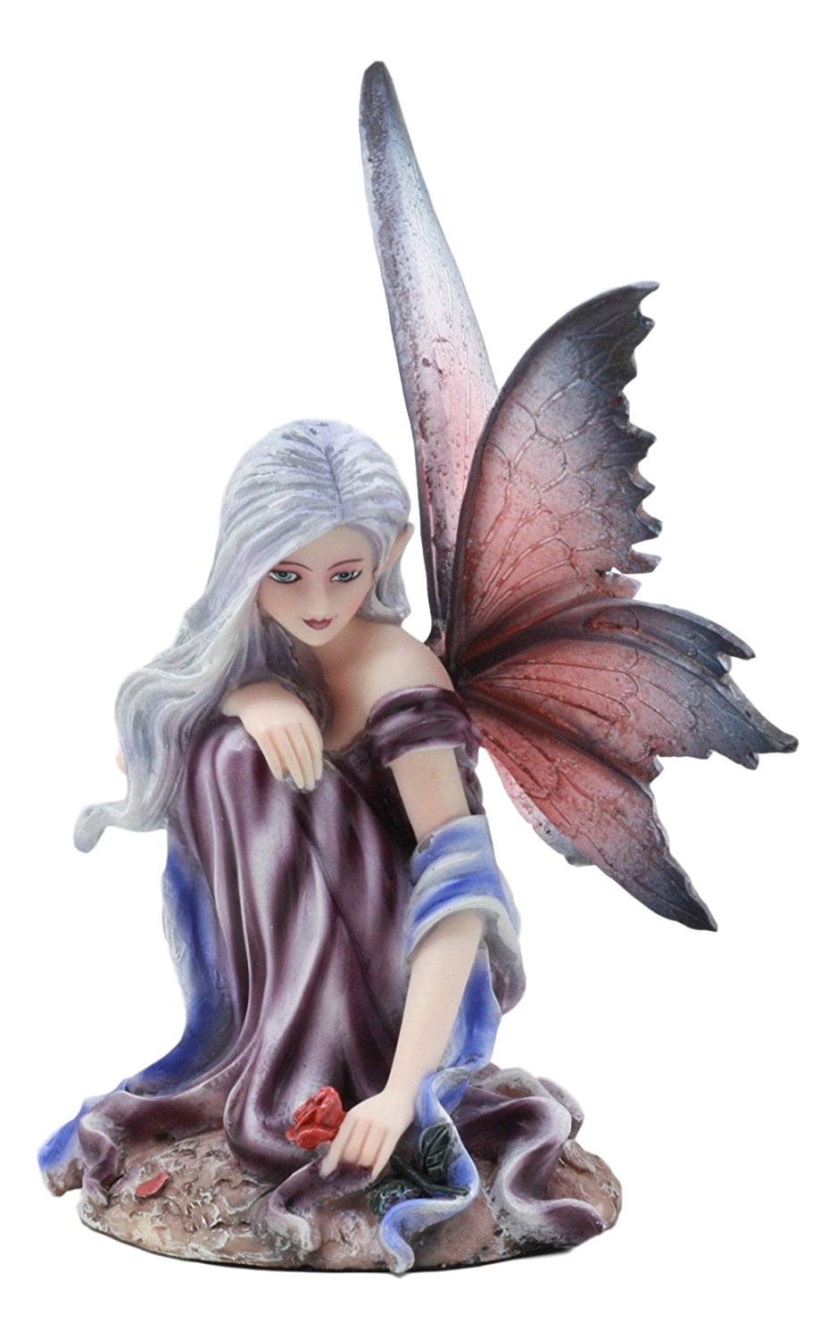 Ebros Silver Haired Winter Fairy Holding Red Rose Figurine Fairy Garden Faerie Fantasy Sculpture 6.25"H