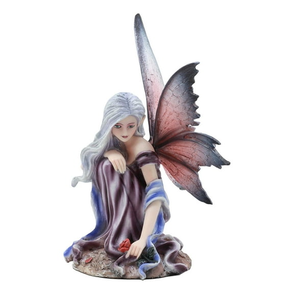 Ebros Silver Haired Winter Fairy Holding Red Rose Figurine Fairy Garden Faerie Fantasy Sculpture 6.25"H