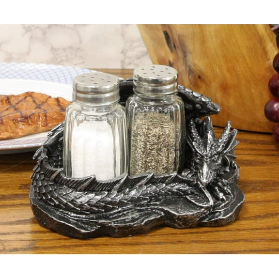 Ebros Sleeping Dragon Glass Salt and Pepper Shaker Set with Decorative Holder Display