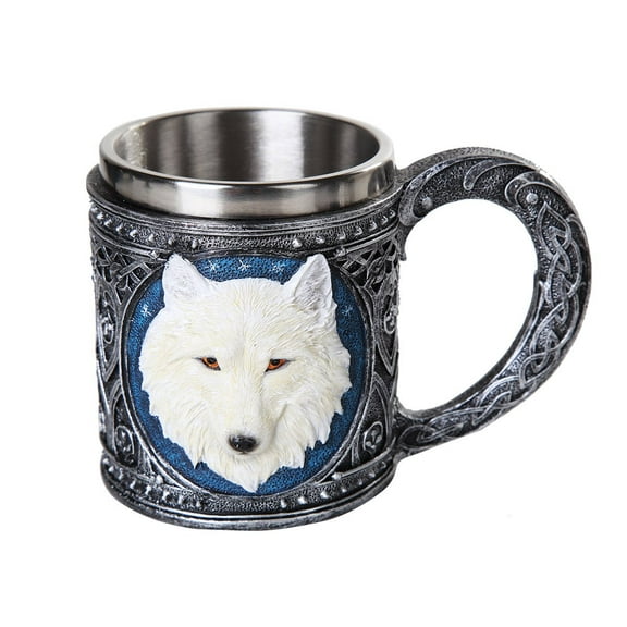 Ebros Spirit White Wolf Celtic Magic 11oz Resin Coffee Mug with Stainless Steel Insert