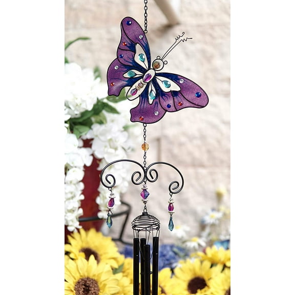 Ebros Stained Glass Purple Butterfly with Gems and Copper Wind Chime 34" Long