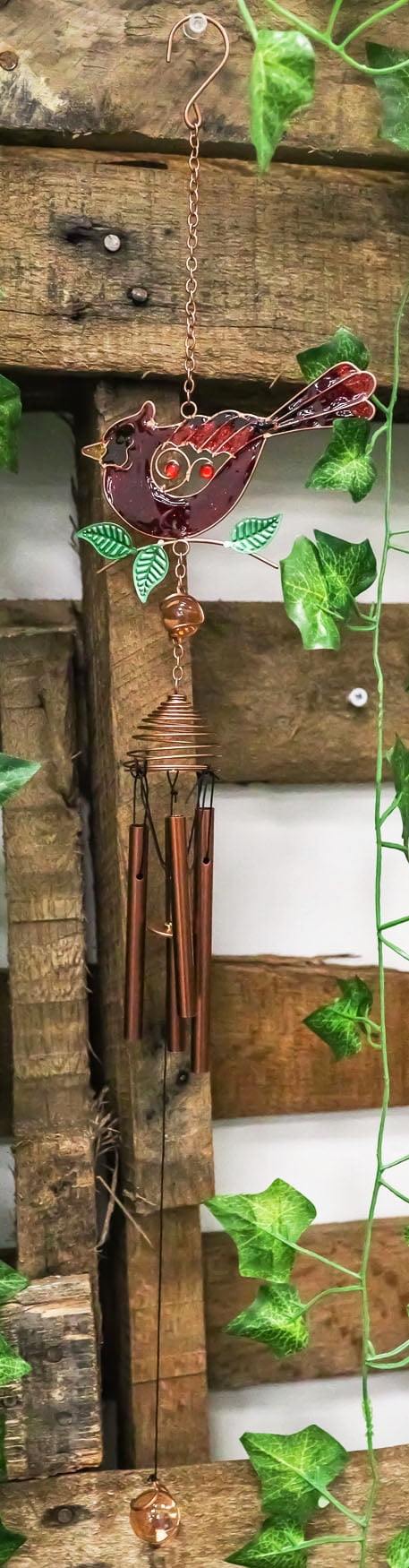 Red Stained Glass Cardinal Bird Copper Wind Chime 24"